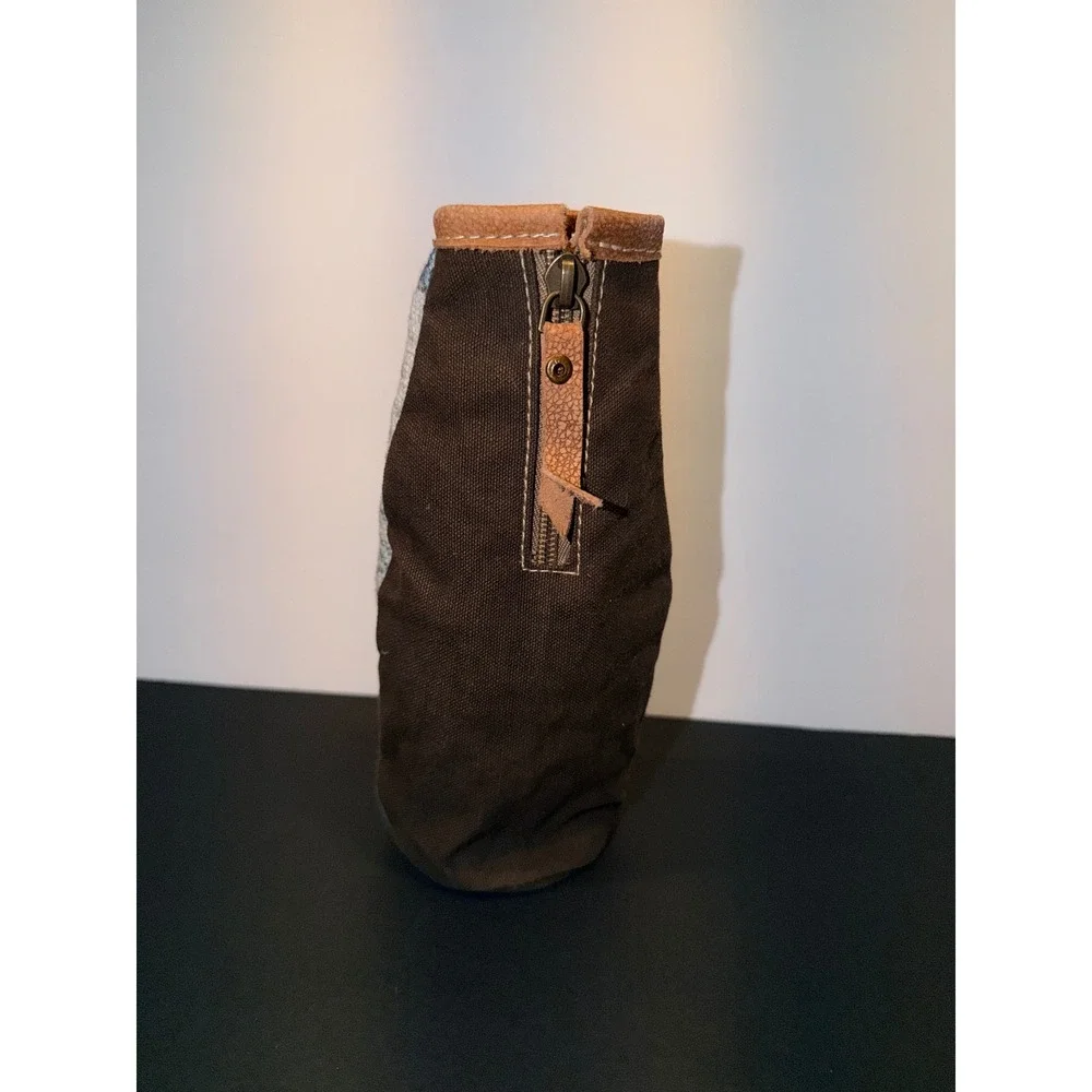 Western Star Wine Bottle Koozie Carrier Canvas Leather Hair-on-Hide Brown Blue
